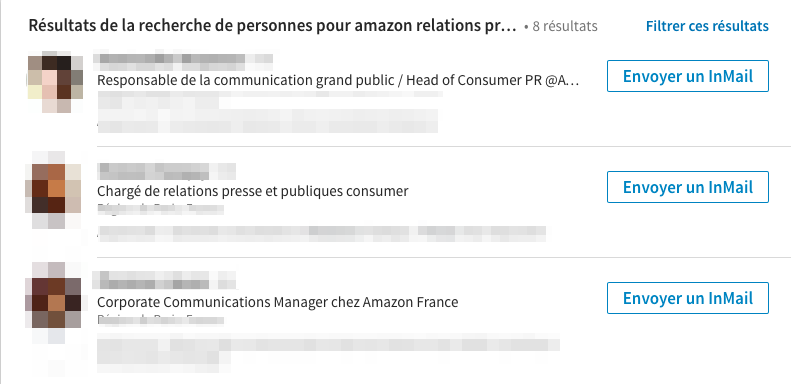 Résultats d’une recherche sur les personnes travaillant dans les relations presse chez Amazon avec LinkedIn